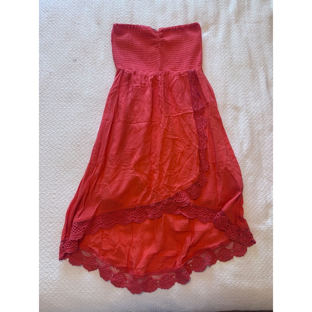 Volcom Red Smocked Strapless High Low Boho Dress Crochet Lace Trim Medium